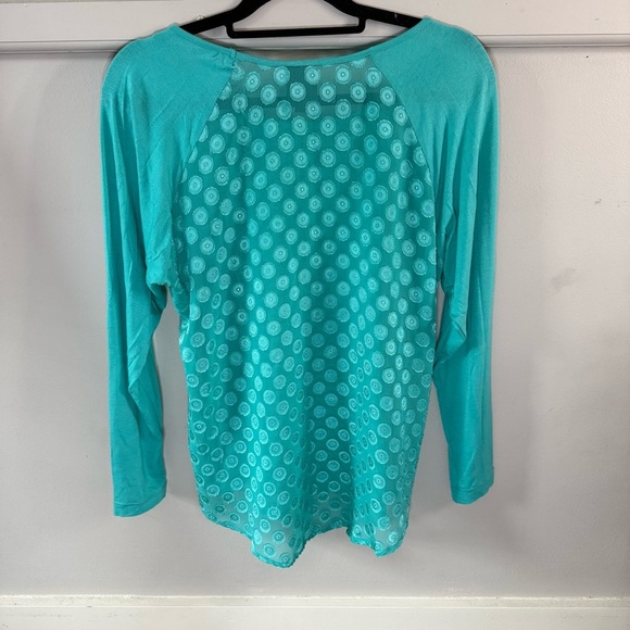 Bobeau Women's Turquoise Blue Long Sleeve Top Polka Dot Mesh - Picture 3 of 6
